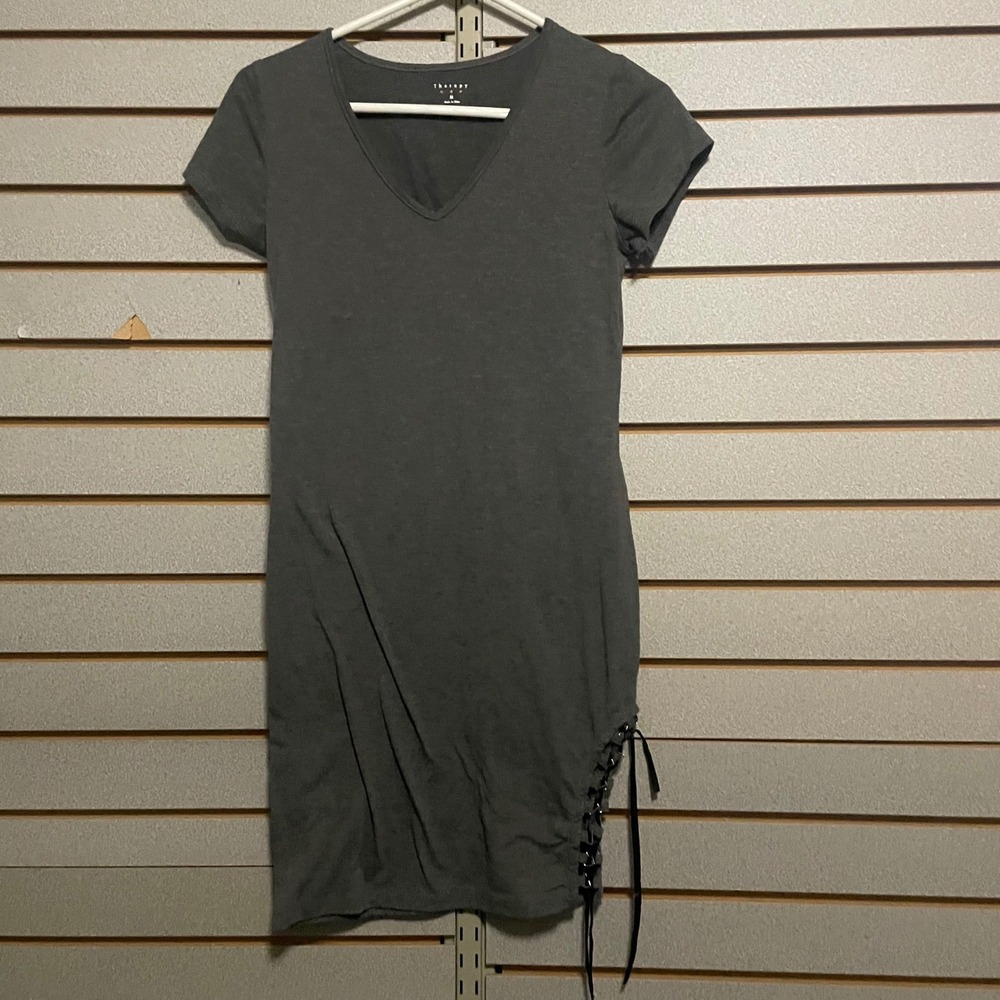 Therapy Womens Charcoal Gray Lace Up Side‎ V-Neck Short Sleeve Mini Dress Medium
